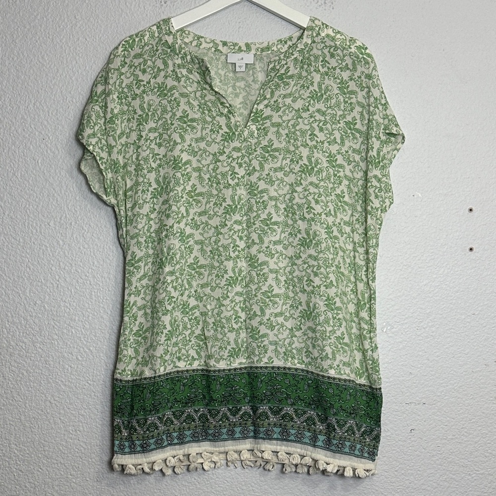 J. Jill Green Cream Vineyard Border Print Tassel Tunic Top Womens Small‎ Gauzy
